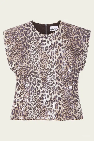 GANNI PRINTED STRETCH SEQUINS BLOUSE IN LEOPARD