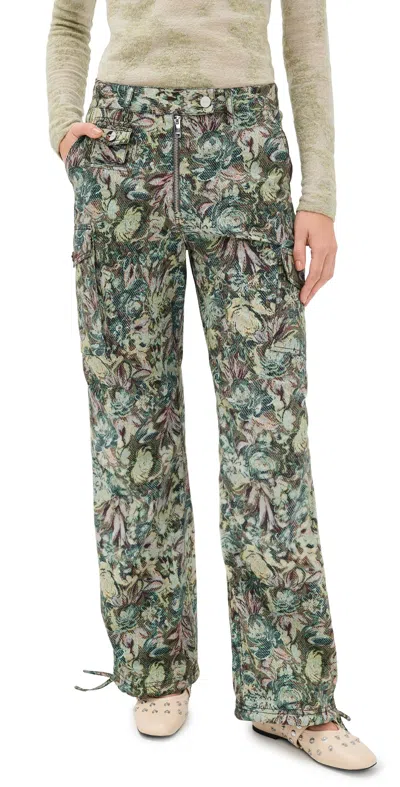 Ganni Printed Stretched Cotton Pants Multicolour In Green