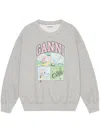 Ganni Oversized Sweatshirt With Playful Graphic Print In Grey