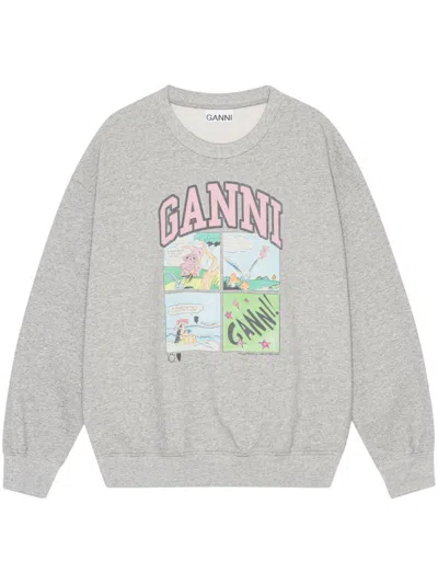Ganni Oversized Sweatshirt With Playful Graphic Print In Gray