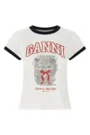 Ganni Graphic Print Crew Neck Short Sleeve Top In White