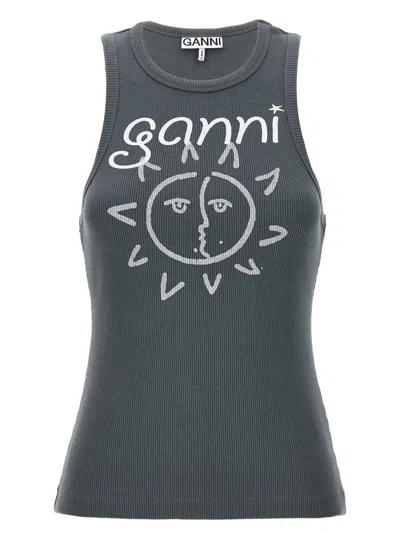 Ganni Printed Ribbed Jersey Tank In Gray