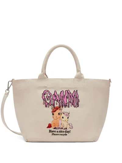 Ganni Pony Small Tote Bag Top Handles Strap In Neutral