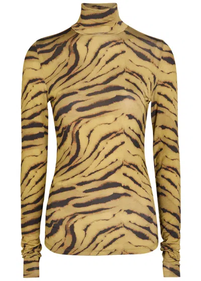 Ganni Printed Turtleneck Stretch-jersey Top In Brown