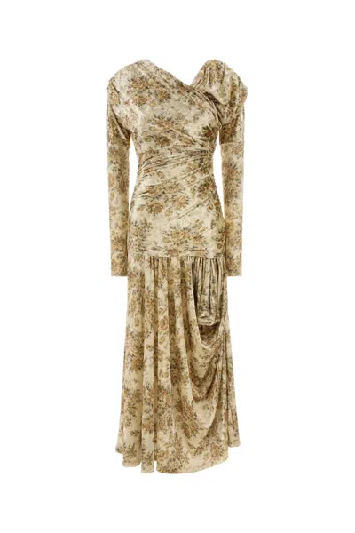 Ganni Printed Velour Jersey Ruched Long Dress In Multi