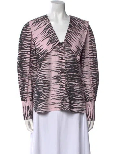 Pre-owned Ganni Printed V-neck Blouse In Pink