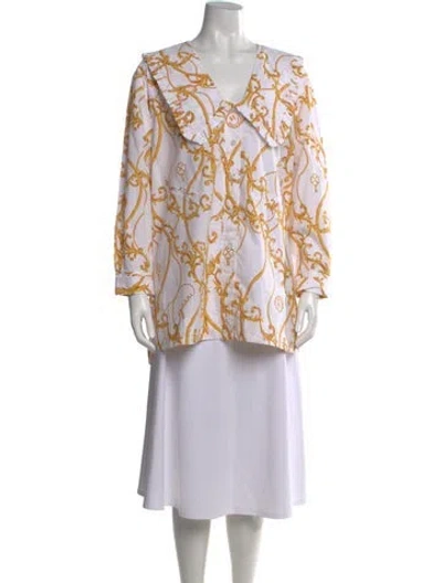 Pre-owned Ganni Printed V-neck Blouse In White