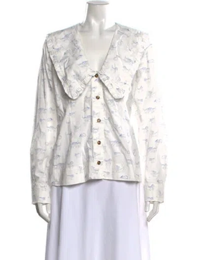 Pre-owned Ganni Printed V-neck Blouse In White