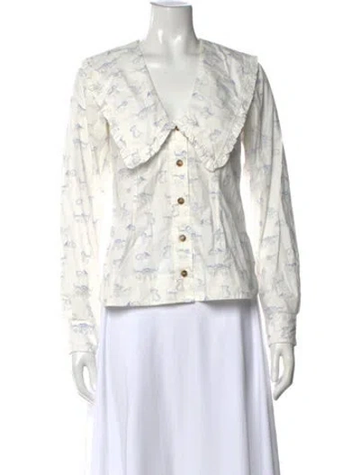 Pre-owned Ganni Printed V-neck Blouse In White