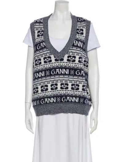 Pre-owned Ganni Printed V-neck Sweater In Blue