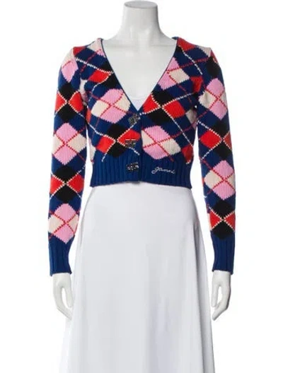 Pre-owned Ganni Printed V-neck Sweater In Blue