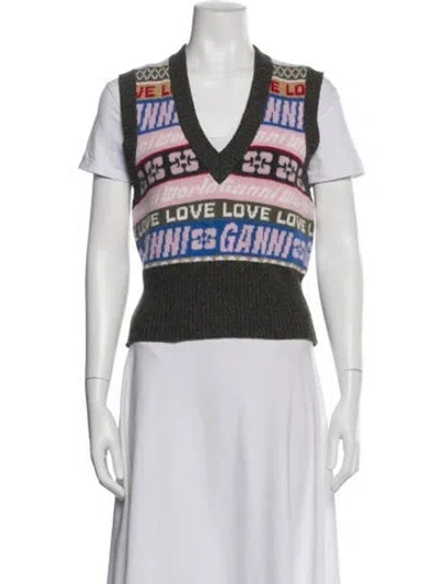 Pre-owned Ganni Printed V-neck Sweater In Multi