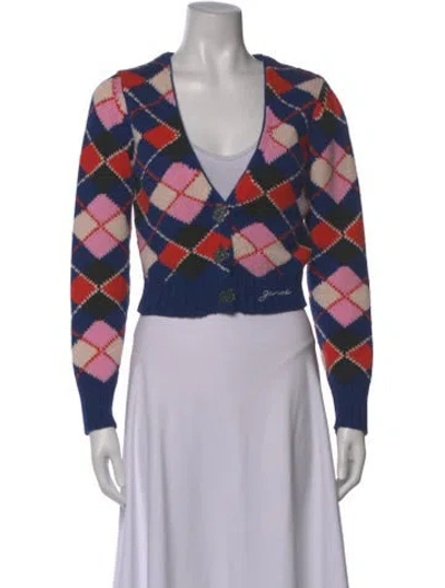 Pre-owned Ganni Printed V-neck Sweater In White