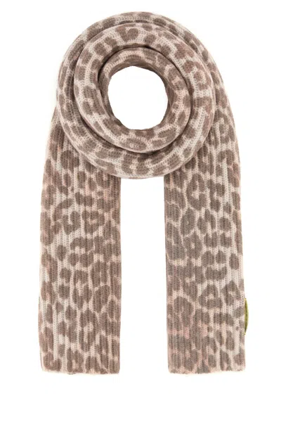 Ganni Printed Wool Blend Scarf In Brown