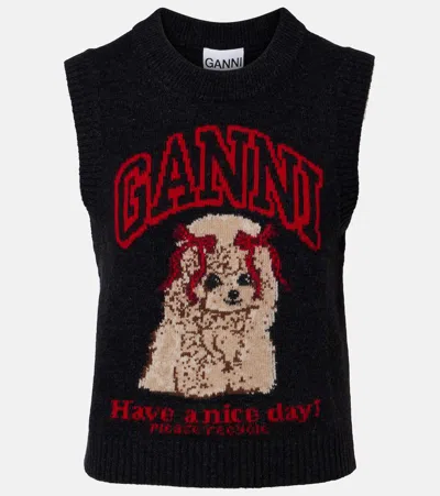 Ganni Printed Wool-blend Vest In Black