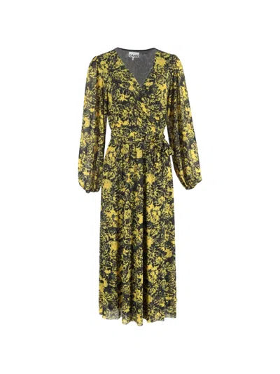 Pre-owned Ganni Printed Wrap Midi Dress In Yellow