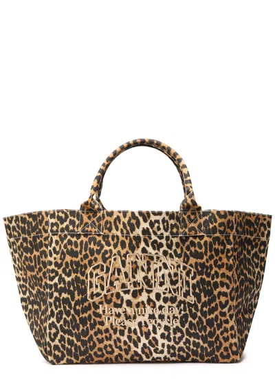 Ganni Printed Xxl Shopper Canvas Tote Bag In Brown