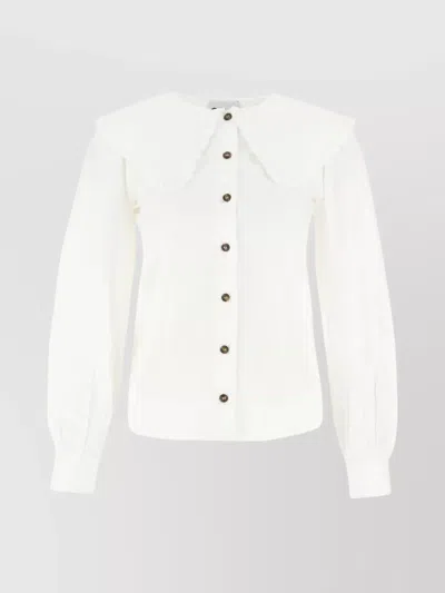 Ganni Puff Sleeve Cotton Poplin Shirt In White