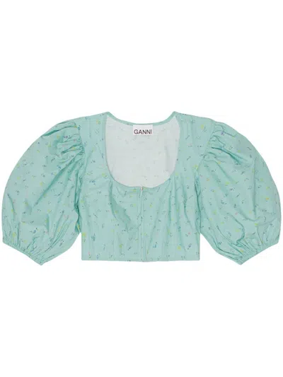 Ganni Puff-sleeve Cropped Blouse In 365