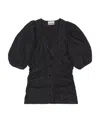 Ganni Puff-sleeve Jacquard Blouse In Black