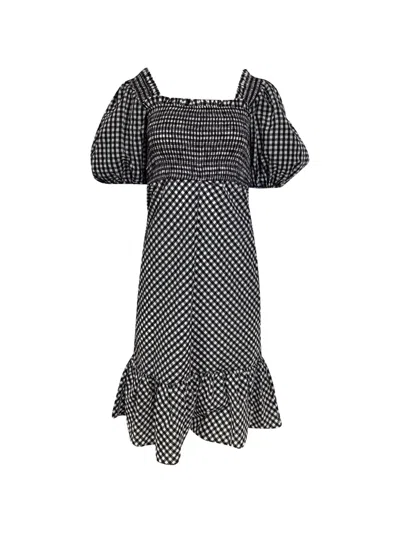Pre-owned Ganni Puff-sleeve Midi Dress In Black