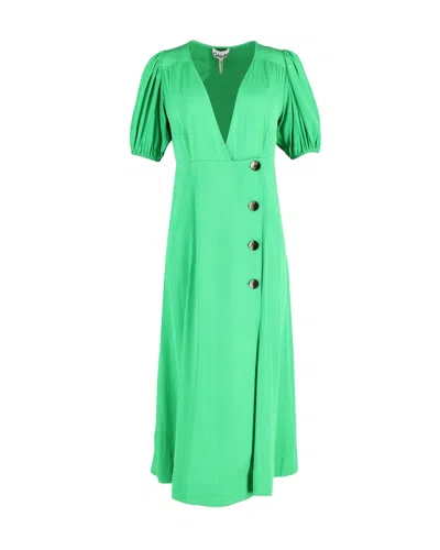 Ganni Puff Sleeve Midi Wrap Dress In Green Viscose