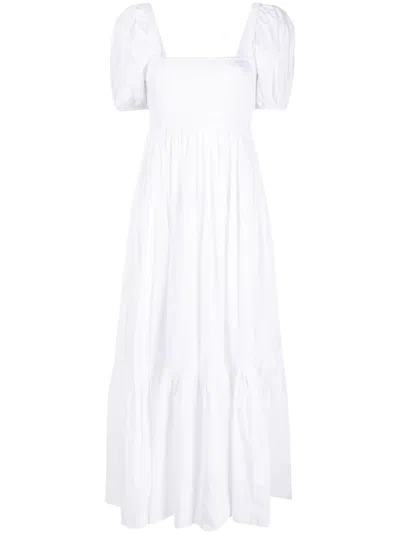 Ganni Smocked Organic Cotton-poplin Midi Dress In Bright White