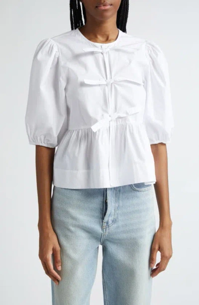 Ganni Crewneck Cotton Peplum Top Flounces In White
