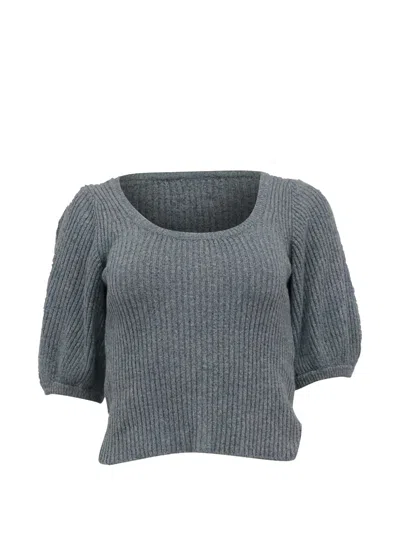 Pre-owned Ganni Puff-sleeve Scoop-neck Blouse In Gray
