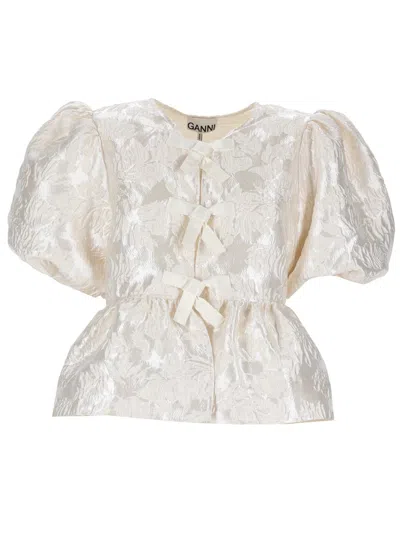 Ganni Puff Sleeve Tie-front Jacquard Blouse In Neutral