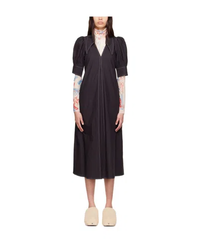 Ganni Puff-sleeved Box-pleat Dress In Black