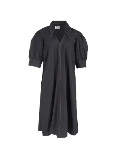 Pre-owned Ganni Puff-sleeved Dress In Black