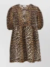 Ganni Brown Leopard Printed Cotton Tie String Minidress