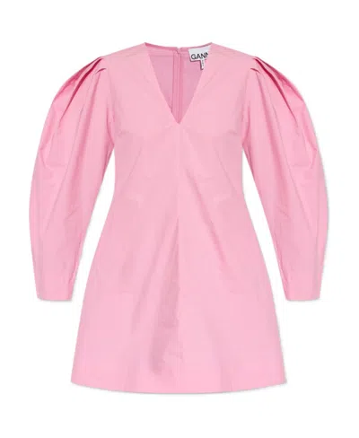 Ganni Puff-sleeves Organic Cotton Minidress In Pink