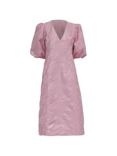 Pre-owned Ganni Puff-sleeve Jacquard Dress In Pink