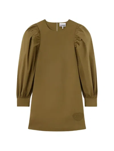 Ganni Puff-sleeve Logo-patch Mini Dress In Green