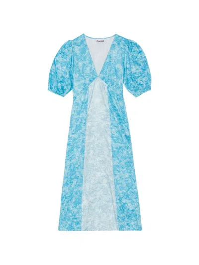 Ganni Puff-sleeve V-neck Midi Dress In Blue