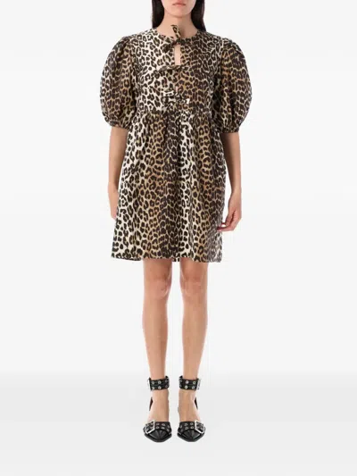 Ganni Leopard Tie String Mini Dress In Brown
