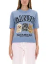Ganni Light Blue Crewneck T-shirt With Maxi Logo Embroidery On The Front