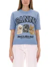 Ganni Light Blue Crewneck T-shirt With Maxi Logo Embroidery On The Front In Blue