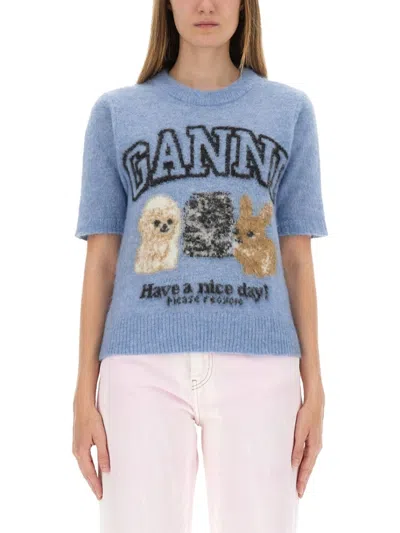 GANNI GANNI "PUPPIES" KNITTED T-SHIRT