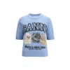 Ganni Light Blue Crewneck T-shirt With Maxi Logo Embroidery On The Front