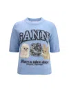 Ganni Light Blue Crewneck T-shirt With Maxi Logo Embroidery On The Front