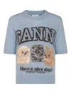 Ganni Light Blue Crewneck T-shirt With Maxi Logo Embroidery On The Front