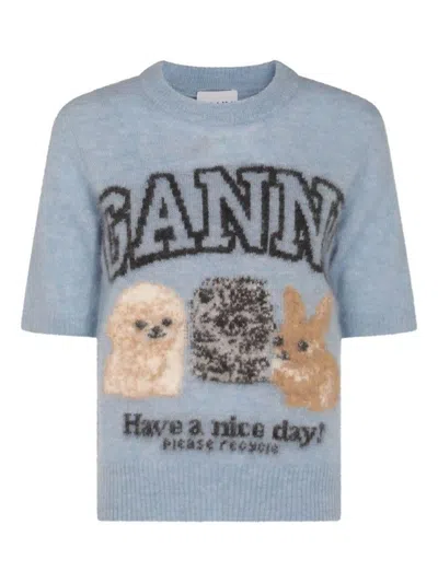 Ganni Womens Soft Chambray Logo Puppies Wool-blend Knit Top In Blue