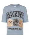 Ganni Light Blue Crewneck T-shirt With Maxi Logo Embroidery On The Front