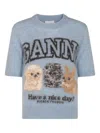 Ganni Light Blue Crewneck T-shirt With Maxi Logo Embroidery On The Front