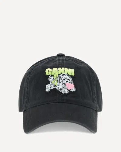 Ganni Puppy Baseball Cap In Black