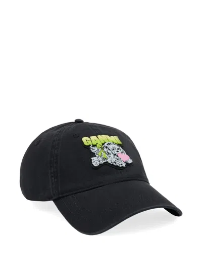 Ganni Puppy Embroidered Logo Baseball Cap In Black
