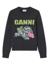 Ganni Playful Puppy Love Graphic Wool Blend Crewneck Sweater In Black